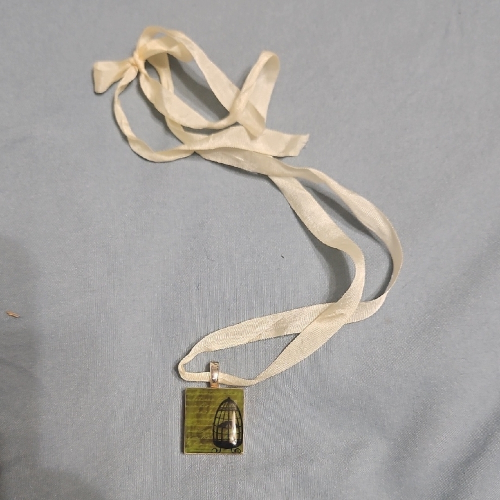 Green Pendant Necklace with Cream Ribbon